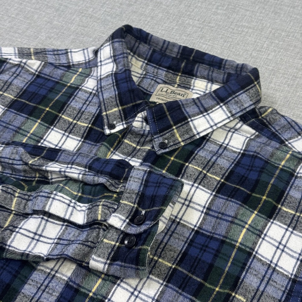 L.L. Bean Flannel Button-Down Shirt Mens L Blue Green Plaid Long Sleeve Cotton